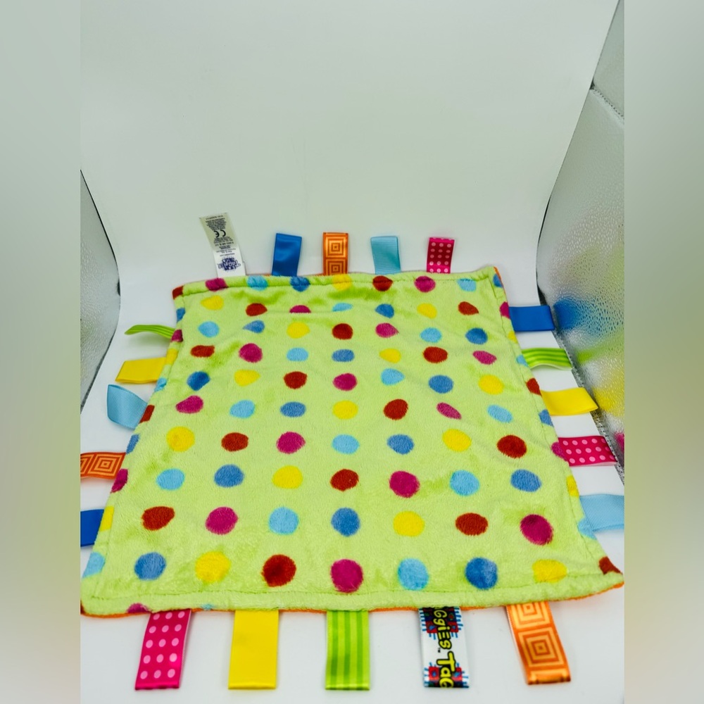 Taggies Polka Dot Green Orange Tags Baby Security Blanket Lovey 12”x12” Fleece